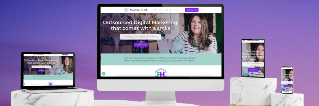 The homepage of Freya's website is displayed on a laptop, Mac, tablet, and phone